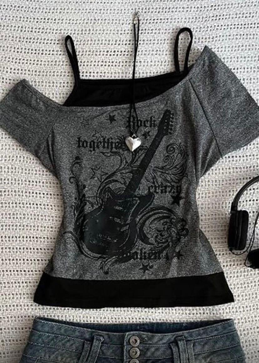 Antrasit Vintage Guitar Açık Yaka Ek Askılı Crop