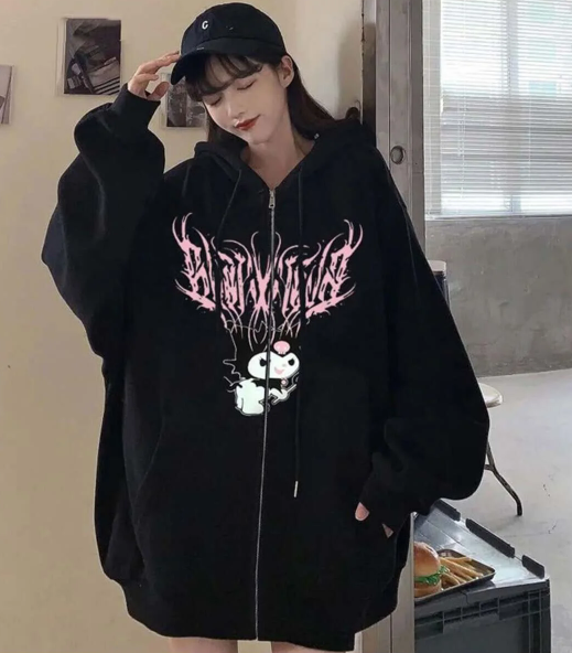 Kuromi Pink Baskılı Oversize Fermuarlı Siyah Unisex Kapüşonlu Hırka