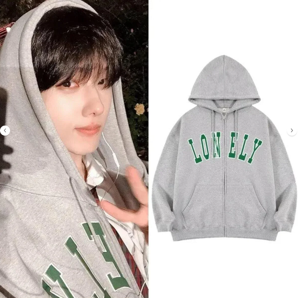 Lonely Baskılı Oversize Fermuarlı Gri Unisex Kapüşonlu Hırka