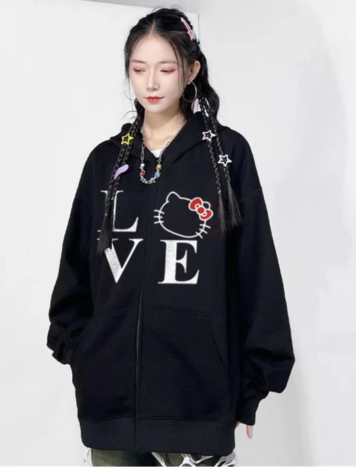 Love Cat Baskılı Oversize Fermuarlı Siyah Unisex Kapüşonlu Hırka