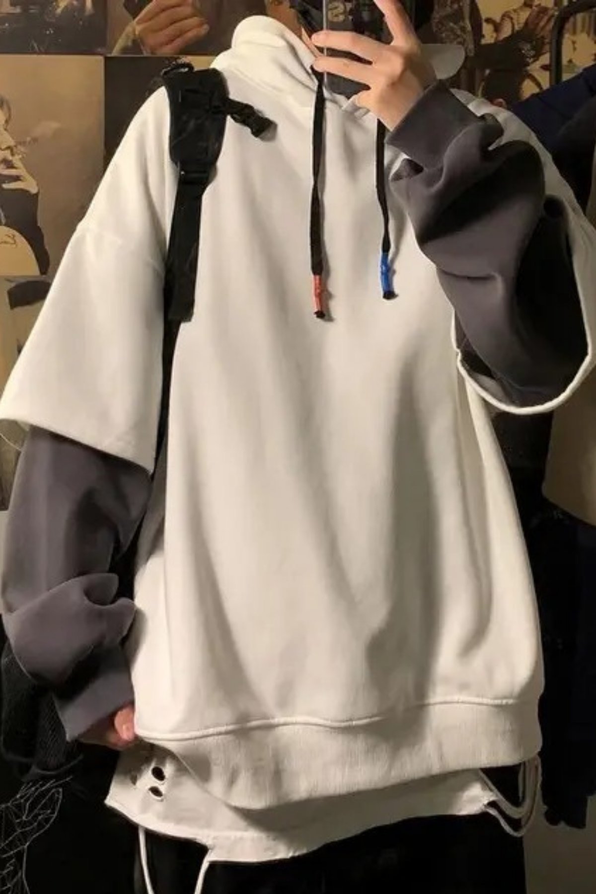 Düz Beyaz Füme Fake Sleeve Kapüşonlu Sweatshirt