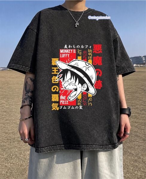 Yıkamalı Kumaş Luffy Tasarım Baskılı  Oversize T-Shirt
