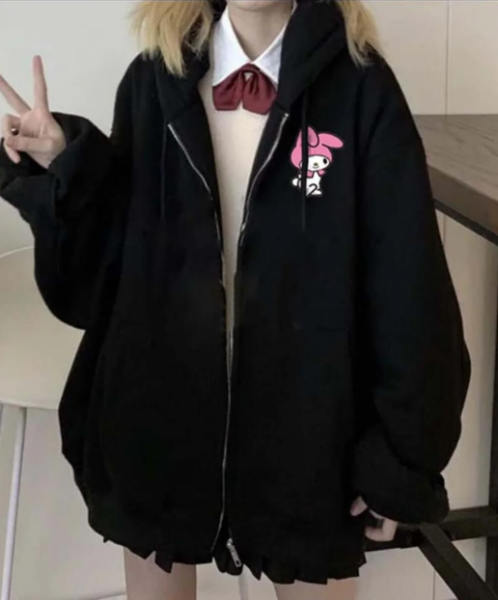 Melody Baskılı Oversize Fermuarlı Siyah Unisex Kapüşonlu Hırka