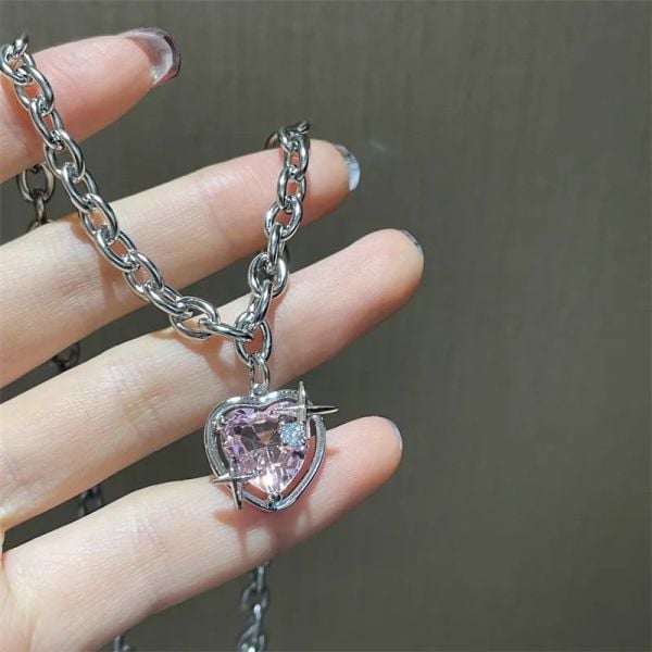 Vintage Pembe Kalp Zirkon Kolye