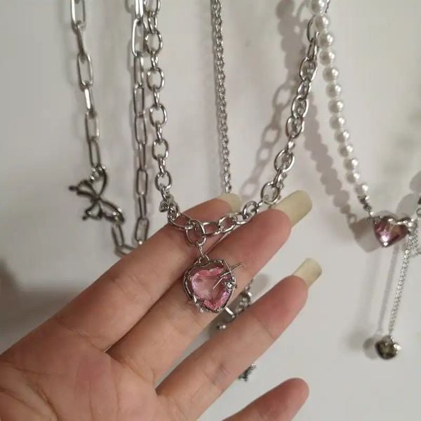 Vintage Pembe Kalp Zirkon Kolye