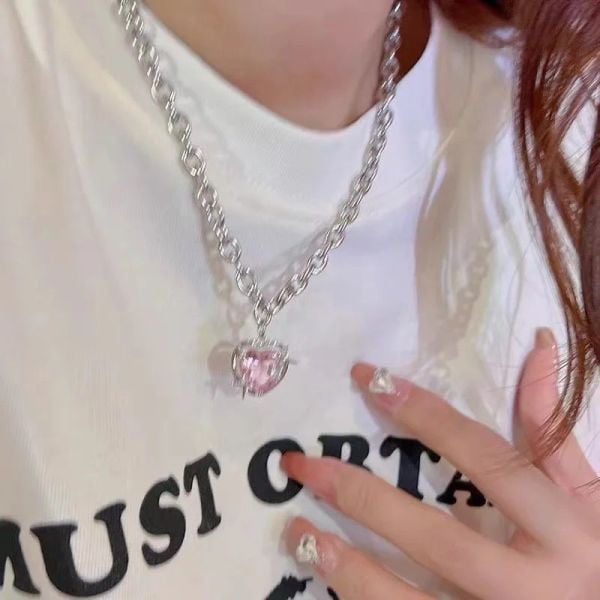 Vintage Pembe Kalp Zirkon Kolye