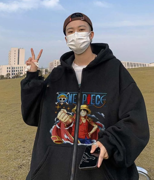 One Piece Fist Baskılı Oversize Fermuarlı Siyah Unisex Kapüşonlu Hırka
