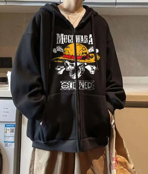 One Piece Mugiwara Baskılı Oversize Fermuarlı Siyah Unisex Kapüşonlu Hırka