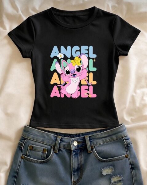 Angel Pink Stıtch Baskılı Siyah Kemer Boy Y2K Kısa Kollu Crop