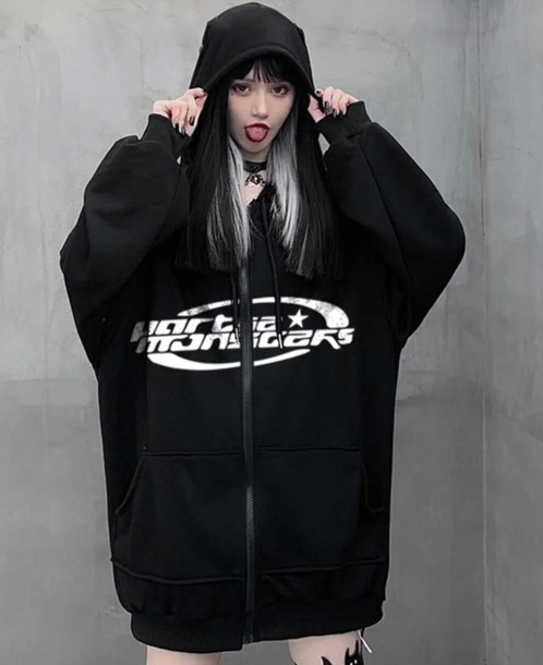 Partie Monsters Baskılı Oversize Fermuarlı Siyah Unisex Kapüşonlu Hırka