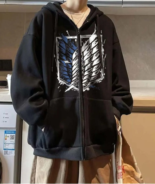 Partie Monsters Baskılı Oversize Fermuarlı Siyah Unisex Kapüşonlu Hırka