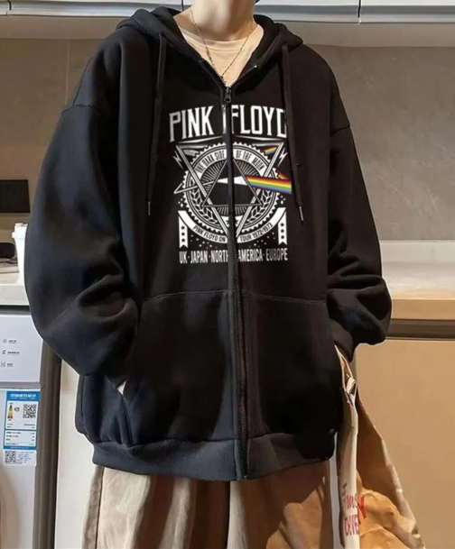 Pink Floyd Baskılı Oversize Fermuarlı Siyah Unisex Kapüşonlu Hırka