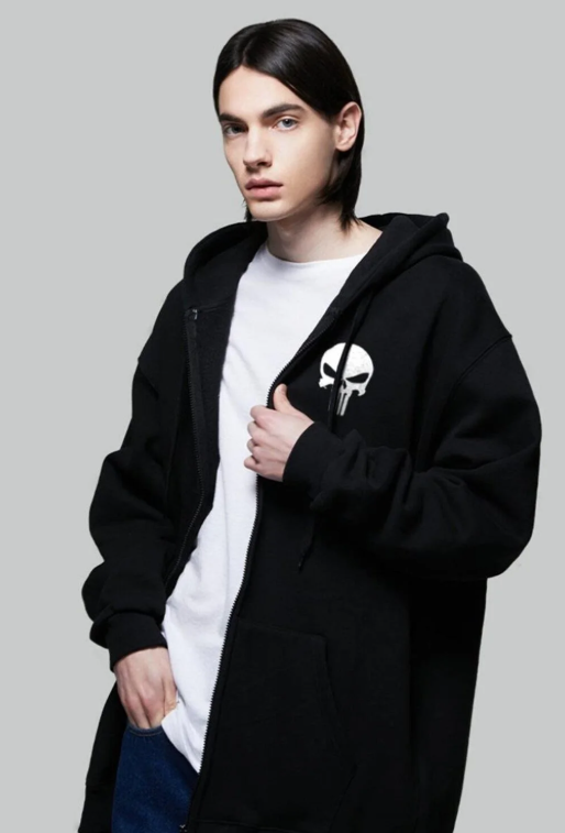 Punisher Baskılı Oversize Fermuarlı Siyah Unisex Kapüşonlu Hırka