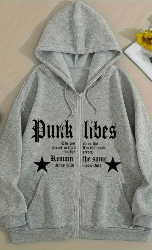 Punk Libes Baskılı Oversize Fermuarlı Gri Unisex Kapüşonlu Hırka