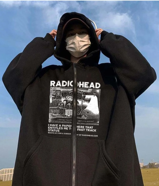 Radiohead Baskılı Oversize Fermuarlı Siyah Unisex Kapüşonlu Hırka
