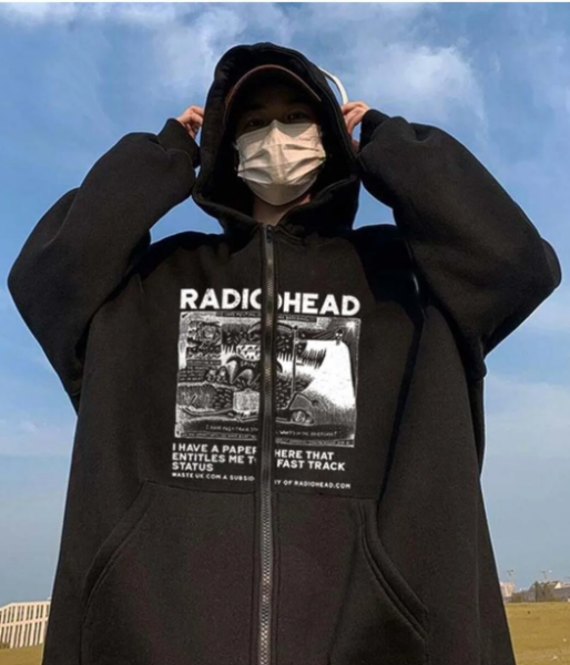 Radiohead Baskılı Oversize Fermuarlı Siyah Unisex Kapüşonlu Hırka