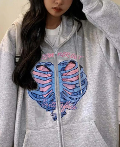 Ronronner Cat Rib Baskılı Oversize Fermuarlı Gri Unisex Kapüşonlu Hırka