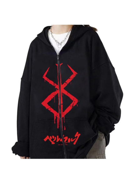 Siyah Anime Berserk Logo (UNİSEX) Kapüşonlu Sweatshirt