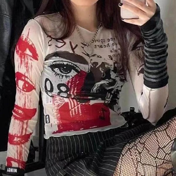 Ekru Grunge Marginally Printed Uzun Kollu Crop