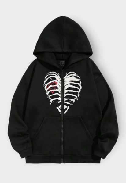 Siyah Kalp Kaburga Unisex Kapüşonlu Fermuarlı Hırka