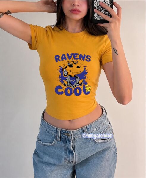Ravens Cool Baskılı Kemer Boy Y2K Kısa Kollu Crop