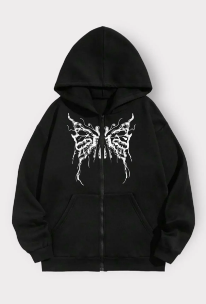 Siyah Kelebek Kanat Unisex Kapüşonlu Fermuarlı Hırka