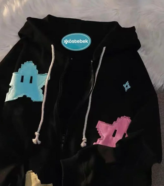 Siyah Pixel Stars Fermuarlı (UNİSEX) Kapüşonlu