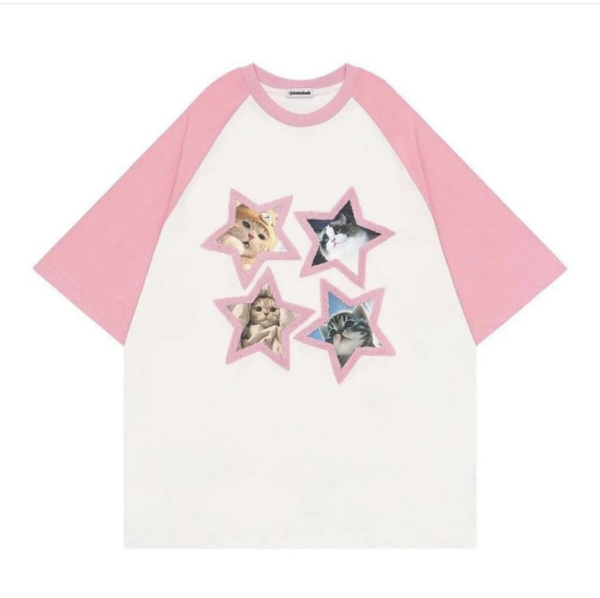 Beyaz Pembe Raglan Baskılı Oversize T-shirt