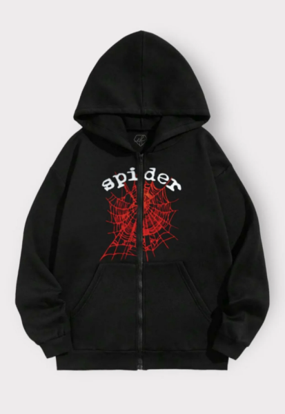 Siyah Spider Ağ Kapüşonlu Fermuarlı Hırka