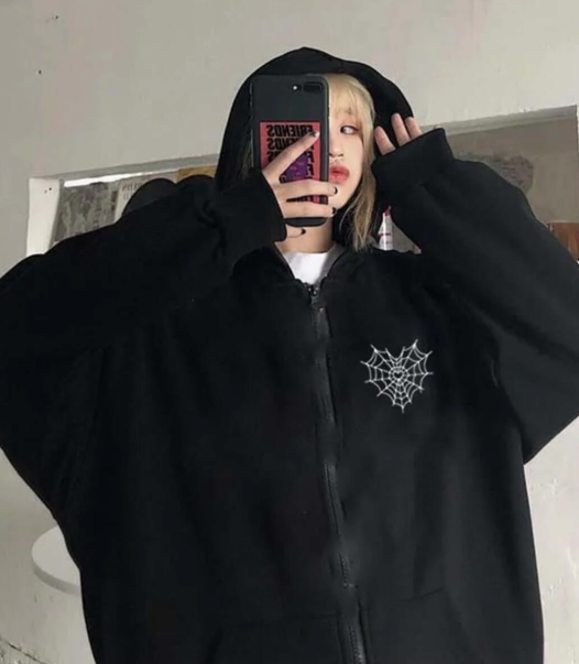 Spider Web Heart Baskılı Oversize Fermuarlı Siyah Unisex Kapüşonlu Hırka