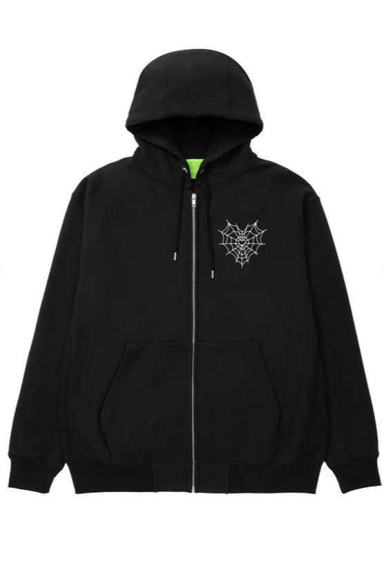Spider Web Heart Baskılı Oversize Fermuarlı Siyah Unisex Kapüşonlu Hırka