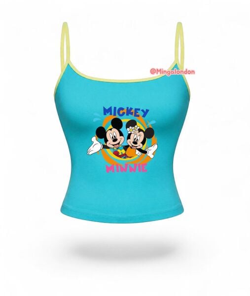 Mavi Mıckey Minnie Baskı Askılı Crop