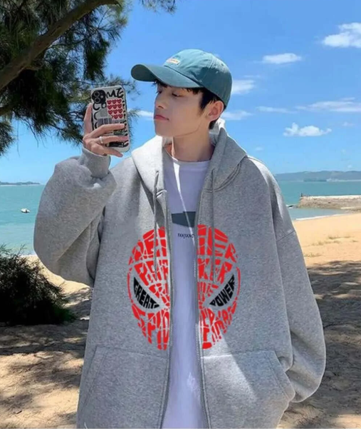 Spider-Man Head Baskılı Oversize Fermuarlı Gri Unisex Kapüşonlu Hırka