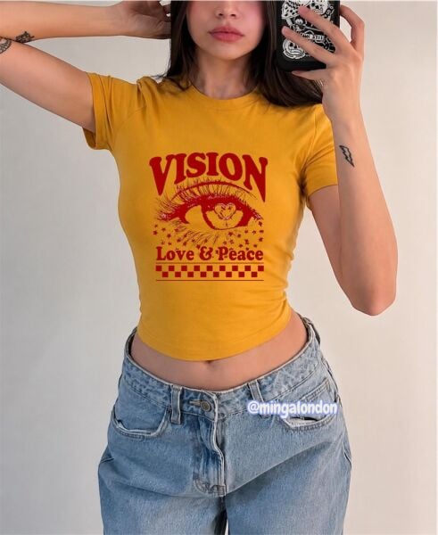 Vısıon Love & Peace Baskılı Kemer Boy Y2K Kısa Kollu Crop