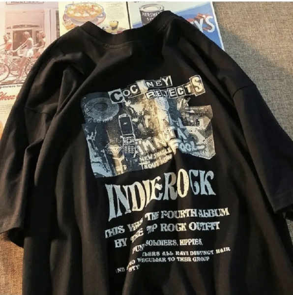 Siyah İndie Rock Baskılı Oversize T-shirt