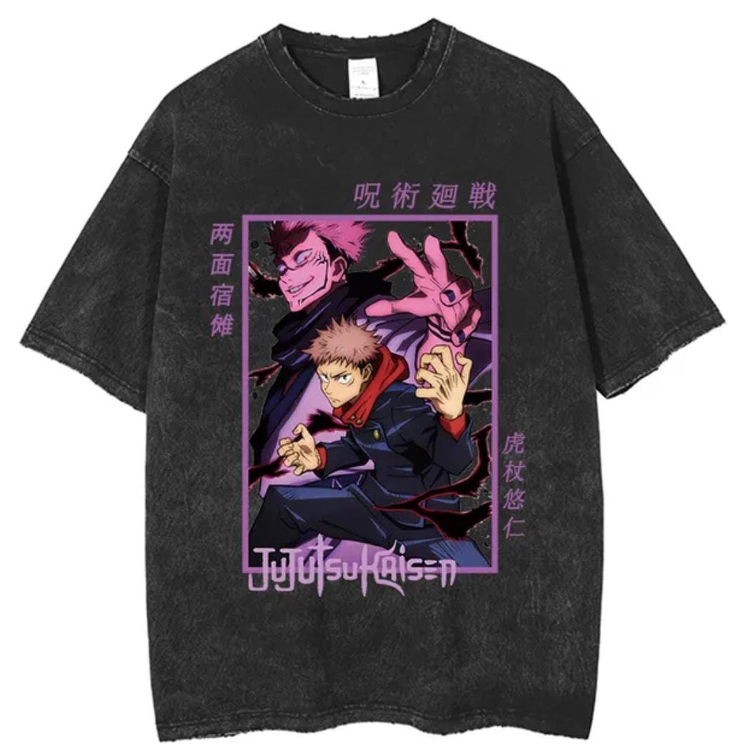 Yıkamalı Jujutsu Kaisen Baskılı Unisex Oversize Vintage Eskitme T-shirt