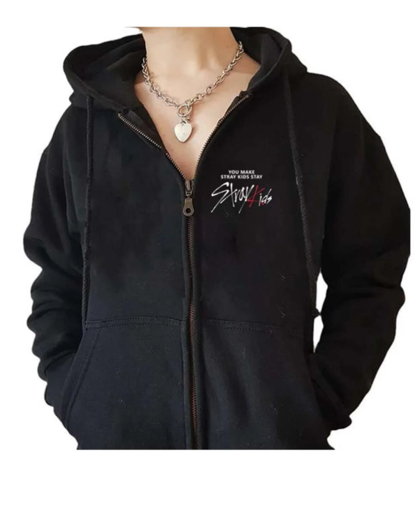 Stray Kids Baskılı Oversize Fermuarlı Siyah Unisex Kapüşonlu Hırka
