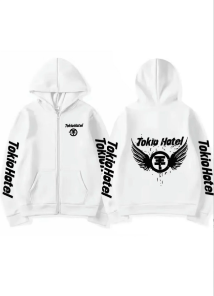Tokio Hotel Fermuarlı Kapüşonlu Beyaz Hırka