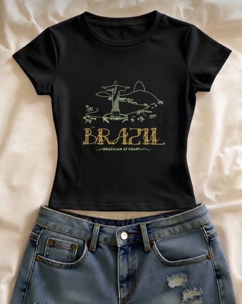 Brazıl Baskılı Siyah Kemer Boy Y2K Kısa Kollu Crop