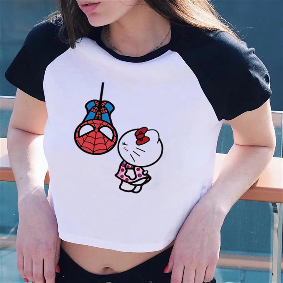 Spider-Man & Hello Kiitty Baskılı Reglan Kol Beyaz Crop