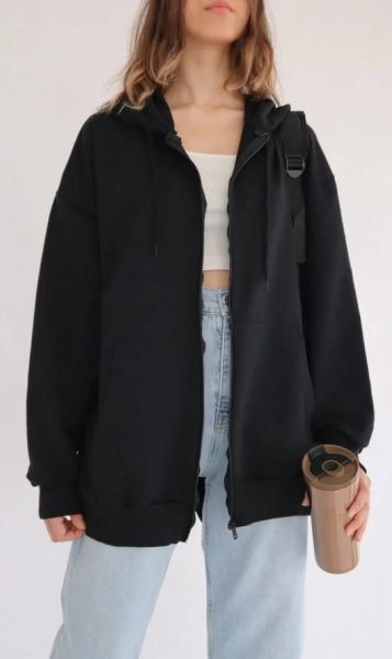 Unisex Siyah Fermuarlı Hırka