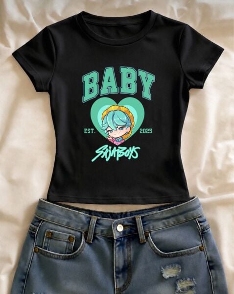 Baby Saja Boys Baskılı Siyah Kemer Boy Y2K Kısa Kollu Crop