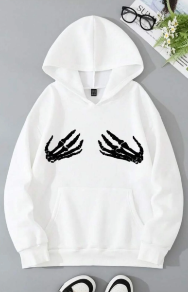 Unisex Skeleton Hand Baskılı Kapşonlu Beyaz Sweatshirt