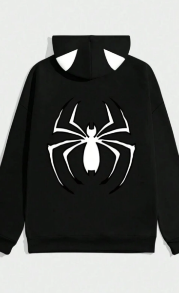 Unisex Spider Baskılı Kapşonlu Siyah Sweatshirt