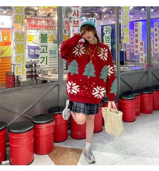 Harajuku Yılbaşı Kabartmalı Triko Kırmızı Kazak