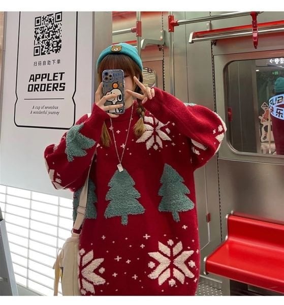 Harajuku Yılbaşı Kabartmalı Triko Kırmızı Kazak