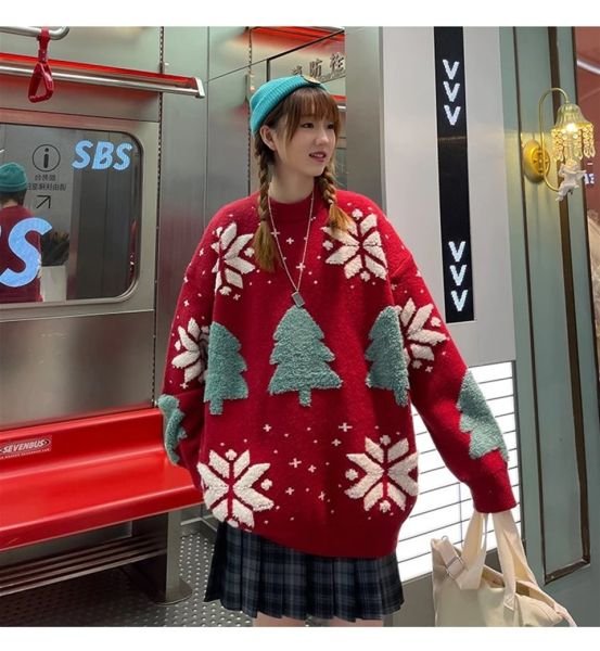 Harajuku Yılbaşı Kabartmalı Triko Kırmızı Kazak