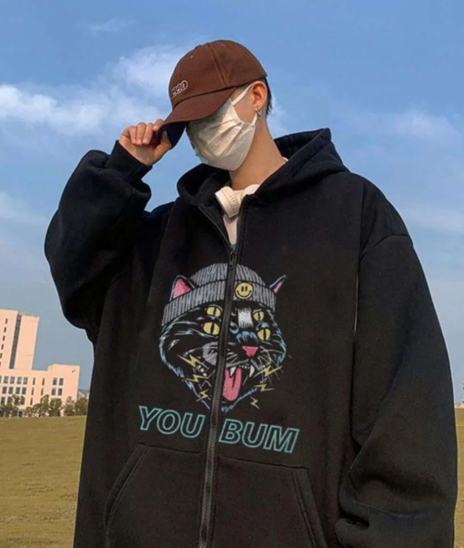 You Bum Cat Baskılı Oversize Fermuarlı Siyah Unisex Kapüşonlu Hırka
