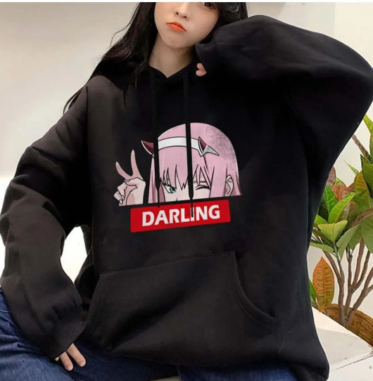 Zero Two Darling Baskılı Siyah Unisex Oversize Kapüşonlu Sweatshirt