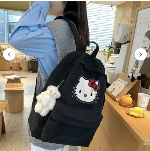 Siyah Hello Kitty Head baskılı sırt çantası